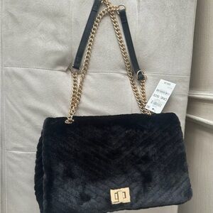 INC International Concepts Black Faux Fur Shoulder Bag with Gold Chain